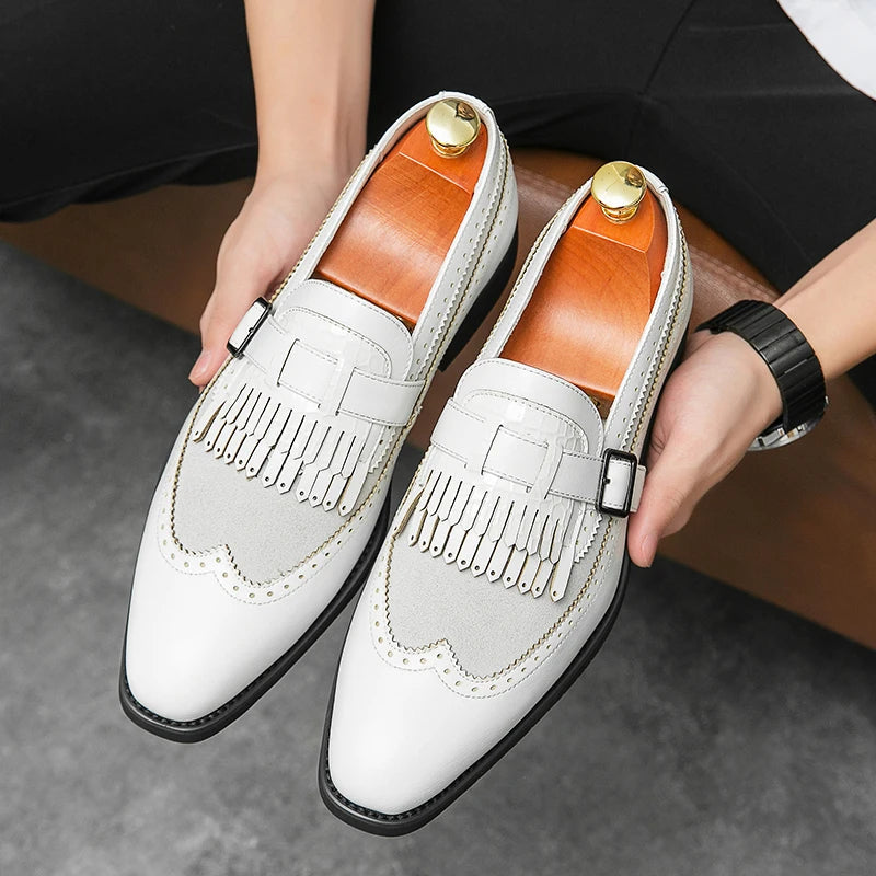 Brown leather wingtip brogue loafer with croc-embossed strap, handcrafted luxury dress shoe for professionals