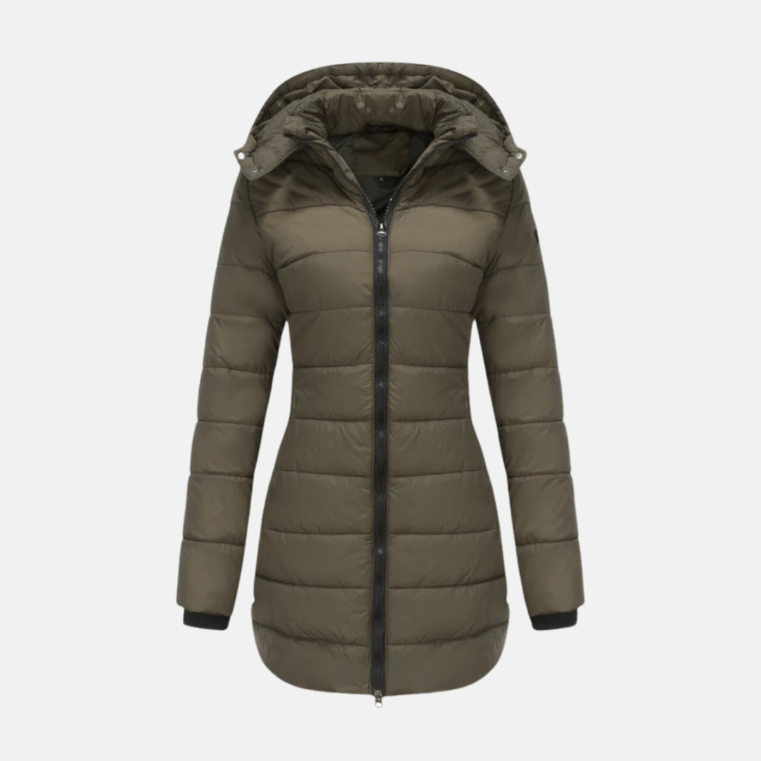 Women's longline quilted padded coat with two-way zipper hood in insulated cold-weather style