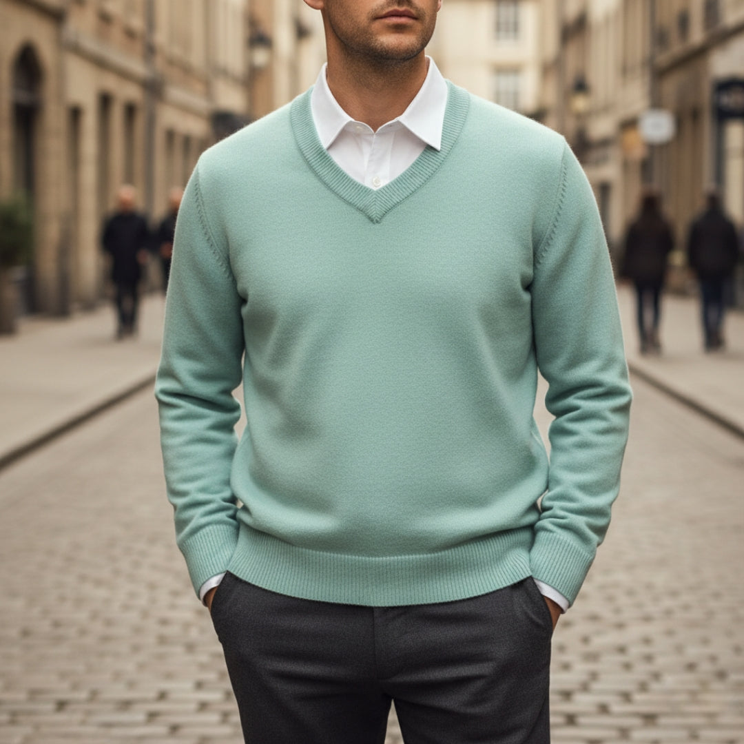 Men's classic fit shawl collar V-neck sweater in premium soft knit, ideal for office layering