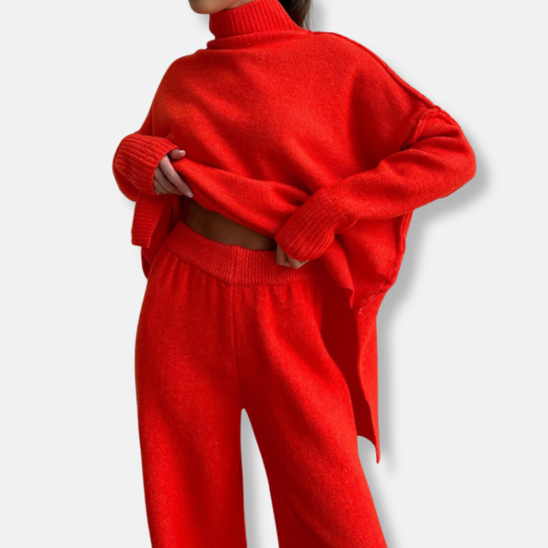Women's chunky knit two-piece set oversized turtleneck sweater coordinated relaxed silhouette fall winter