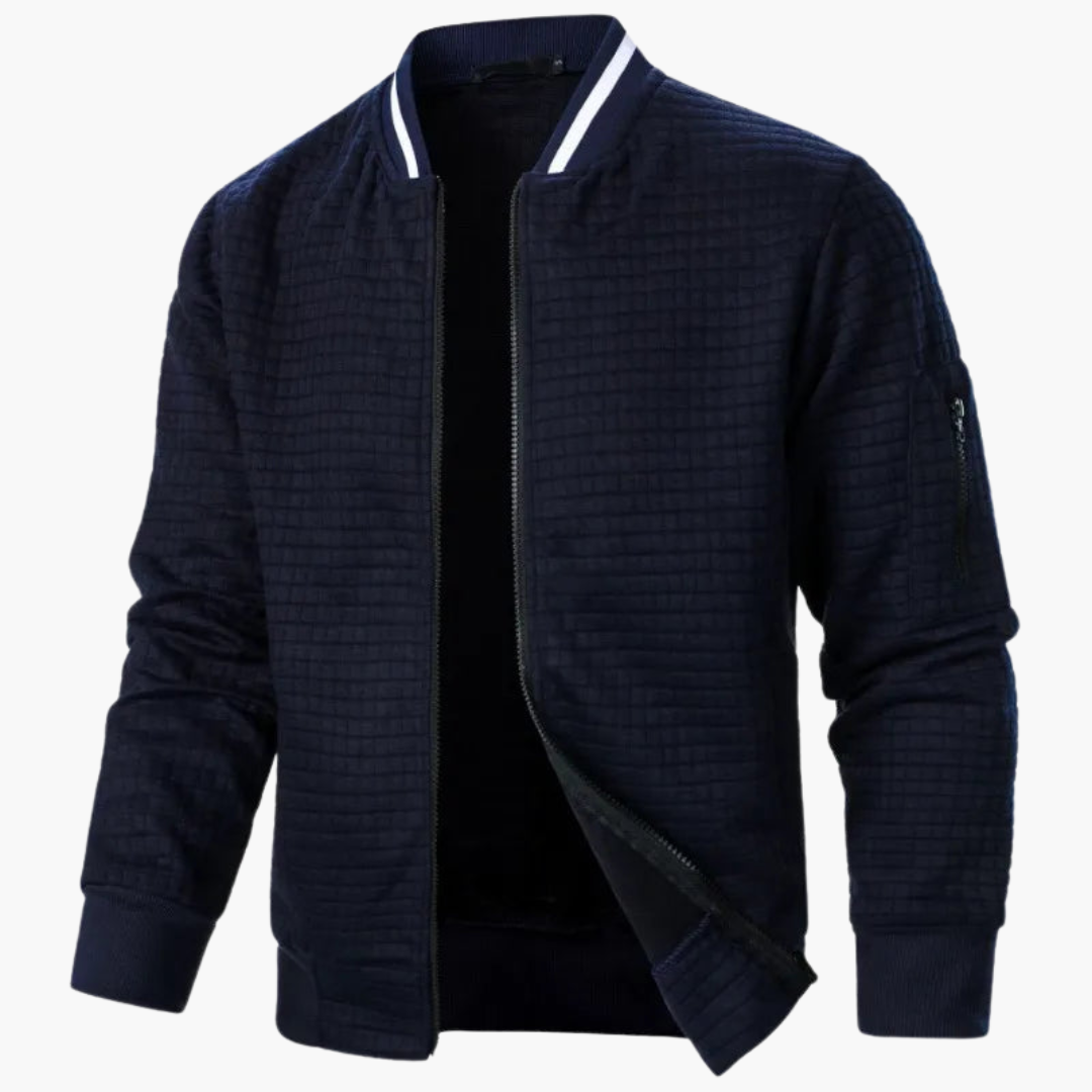 Men's slim-fit warm jacket in neutral tones, modern outdoor style with premium fabric quality