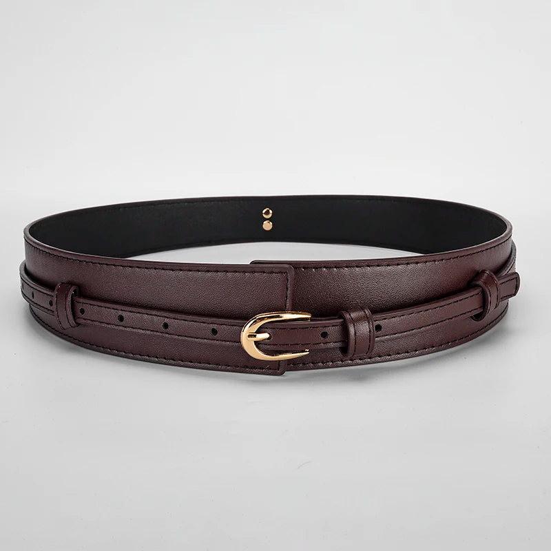 Black vegan leather dual-strap women's belt tailored fit detachable inner strap gold buckle