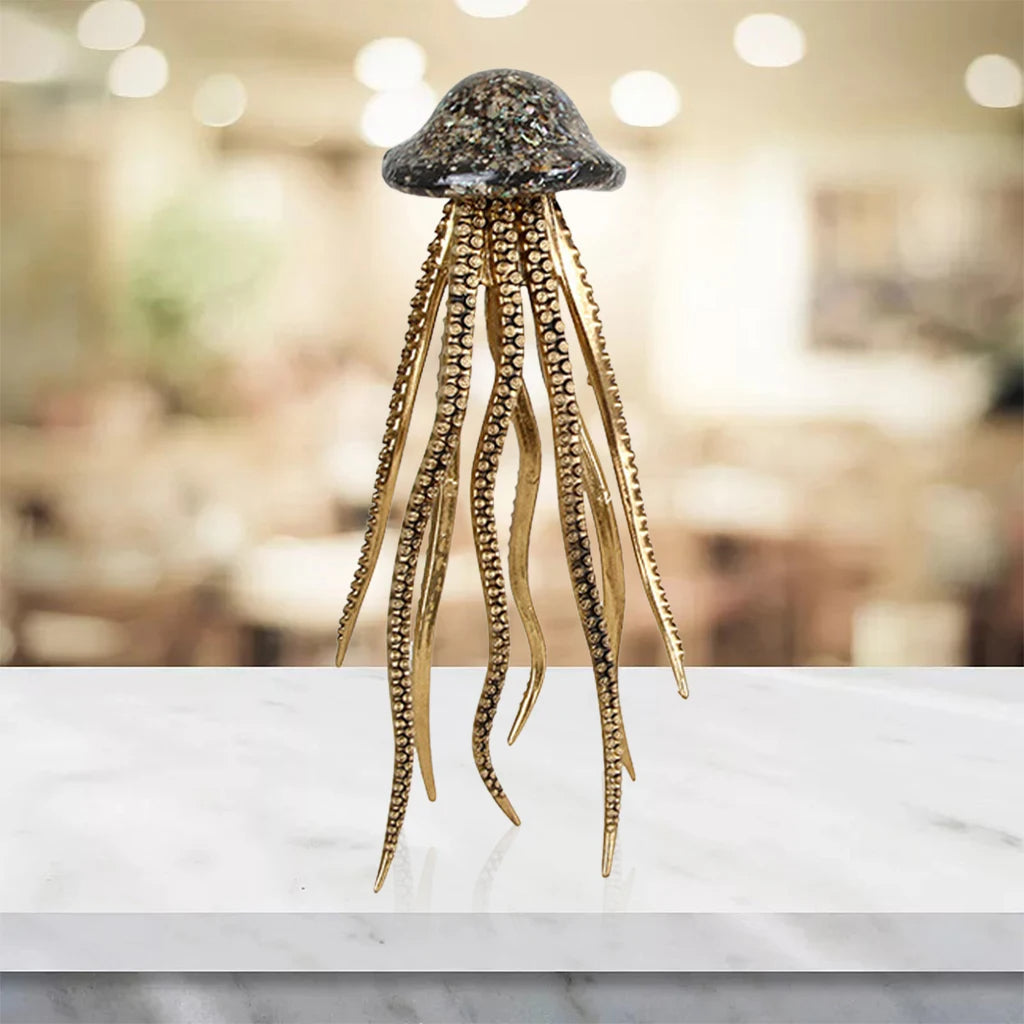 Two-piece resin sea creature sculpture set gold textured base shimmering marine accent modern decor