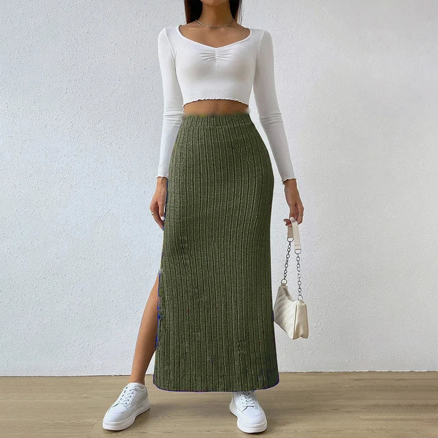 Women's ribbed knit maxi skirt in neutral tones, cotton blend with flattering split hem silhouette