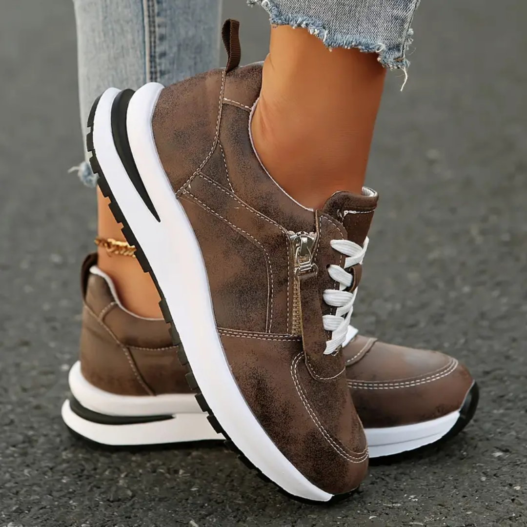 Women's white vegan leather casual sneakers with lace-up front and convenient side zipper closure