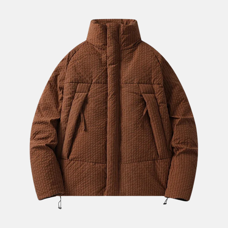 Men's black technical fabric hip-length coat with high stand collar for modern winter warmth