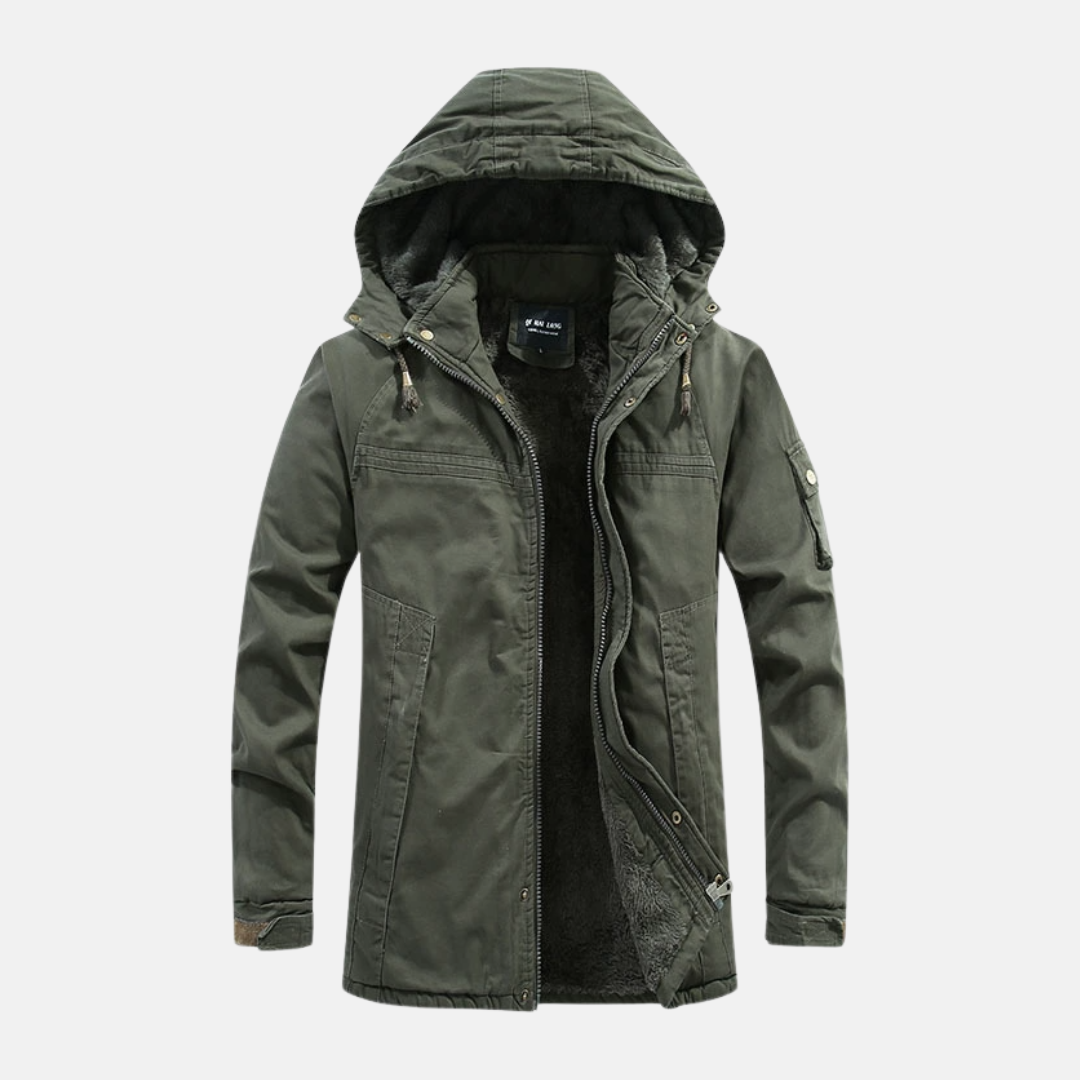 Men's slim fit mid-length cotton blend jacket with heavy-lined hood and utility pockets