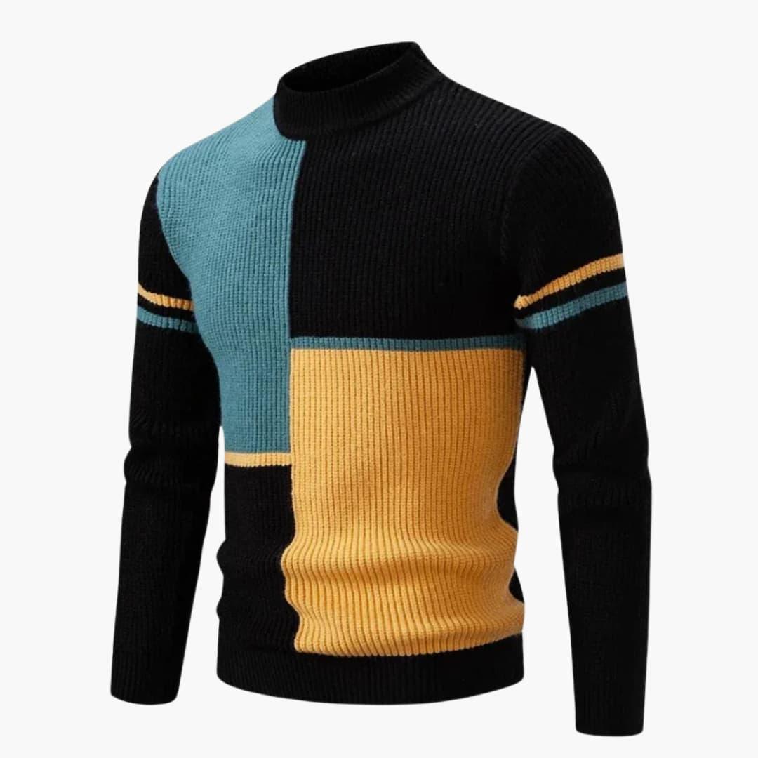 Men's colorblock knit sweater loose-fit silhouette in bold multicolor modern design for work or weekend
