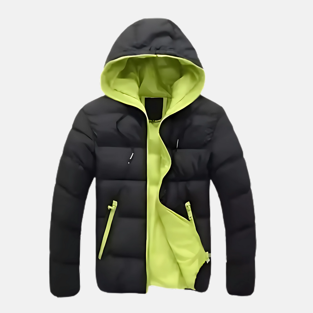 Men's black hooded quilted puffer jacket hip-length relaxed fit insulated winter coat