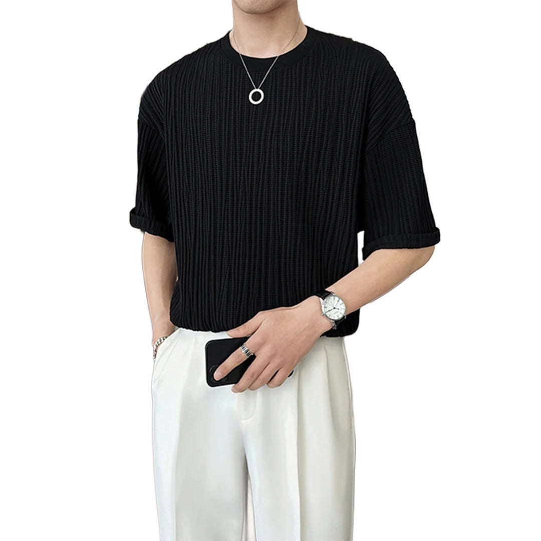 Unisex pleated texture T-shirt loose fit subtle stretch smooth drape versatile casual style comfort
