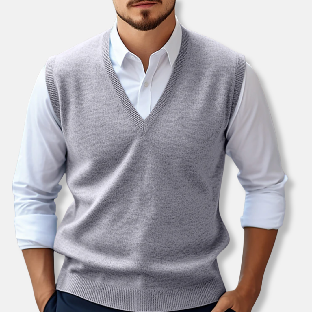 Men's slim-fit ribbed v-neck sweater vest in breathable 100% cotton knit for layering