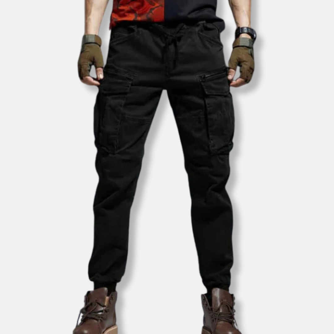 Men's gray cargo jogger pants relaxed fit cotton blend with multiple utility pockets everyday wear