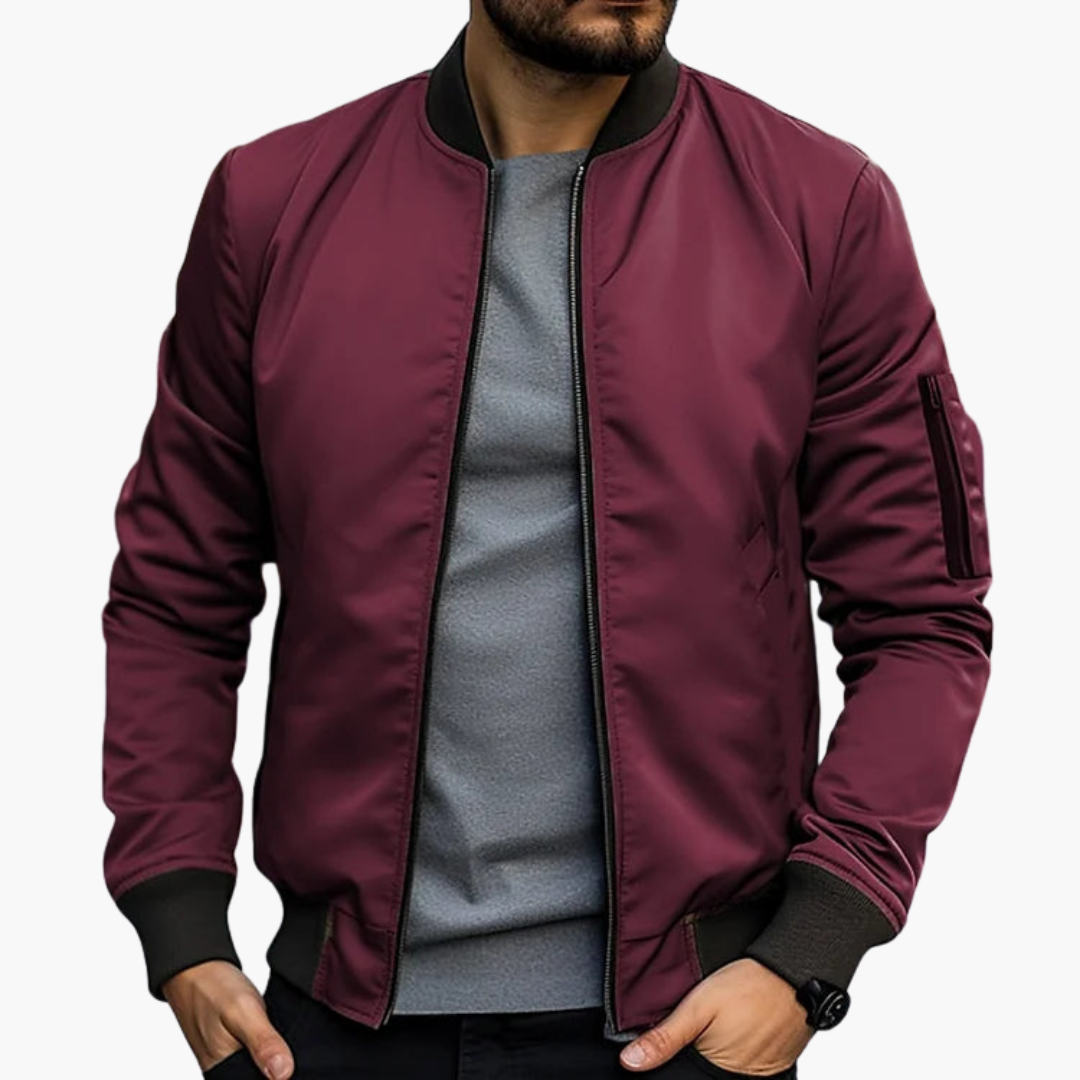 Men's slim fit black bomber jacket with ribbed texture and padded interior for everyday wear