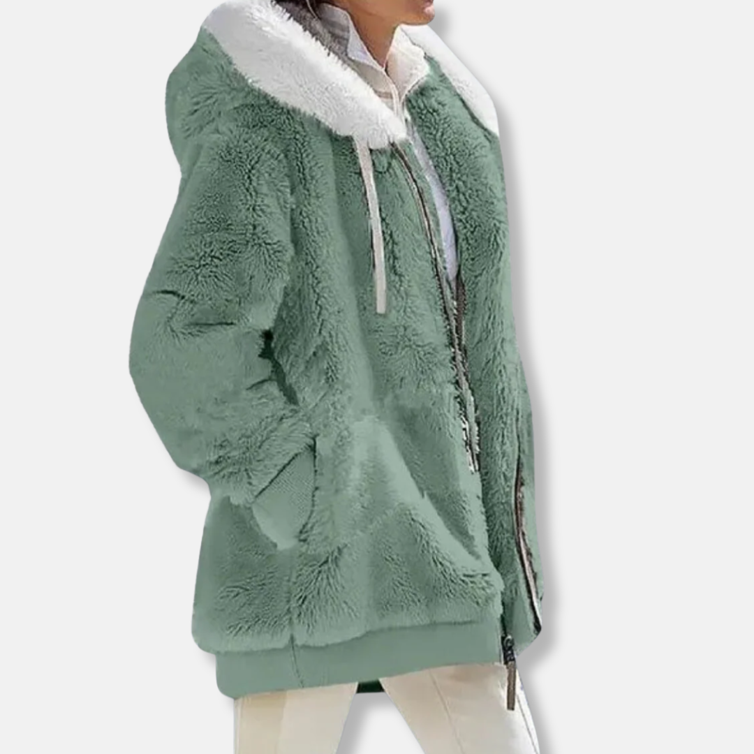 Women's oversized fleece hoodie jacket in cozy mid-thigh length with zip front and side pockets