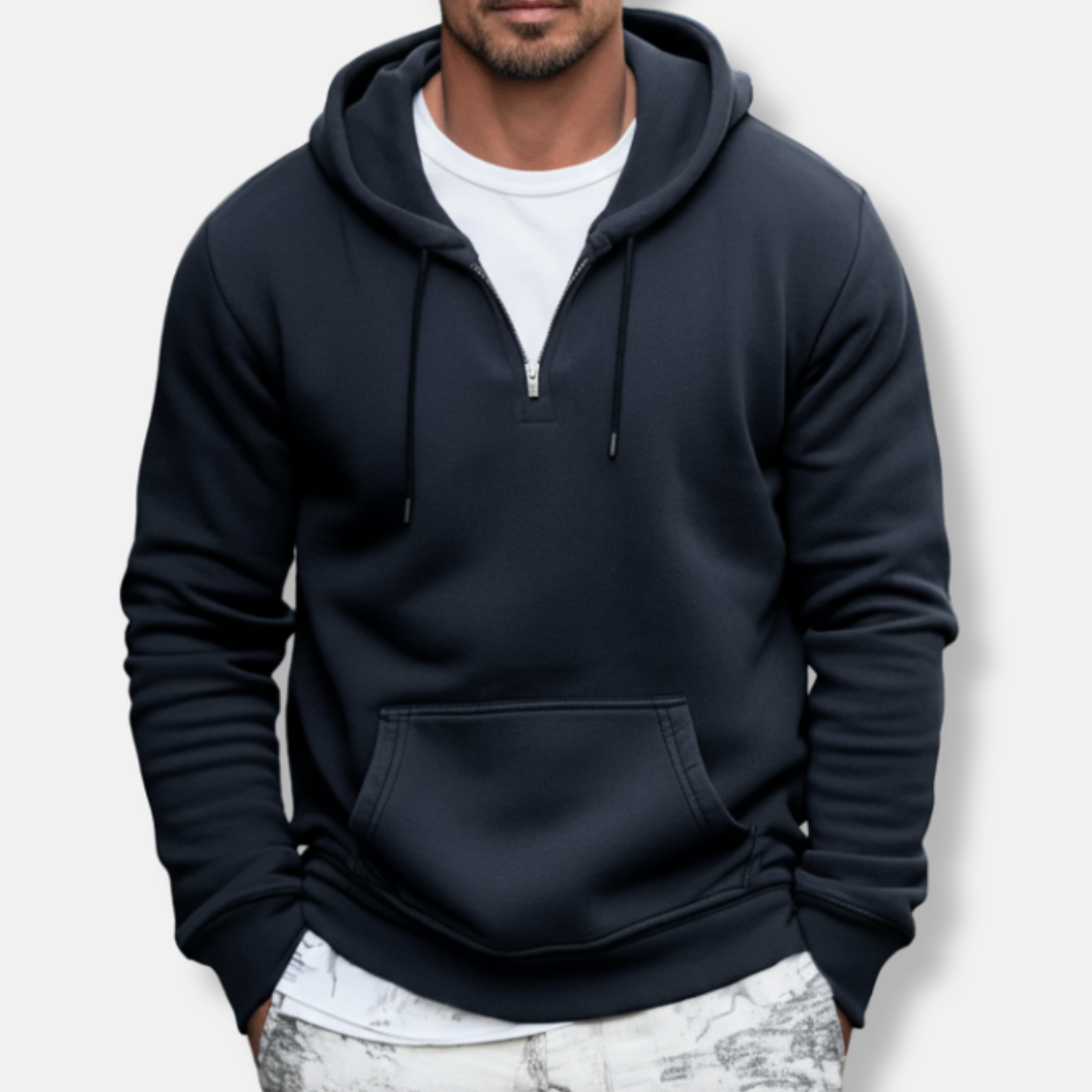 Men's relaxed fit cotton blend hoodie in neutral tone with kangaroo pocket for urban everyday wear