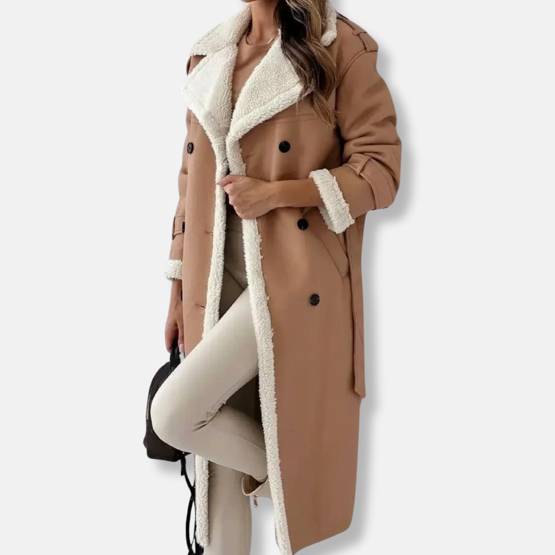 Women's oversized long double-breasted coat with plush lined collar, modern fall winter outerwear