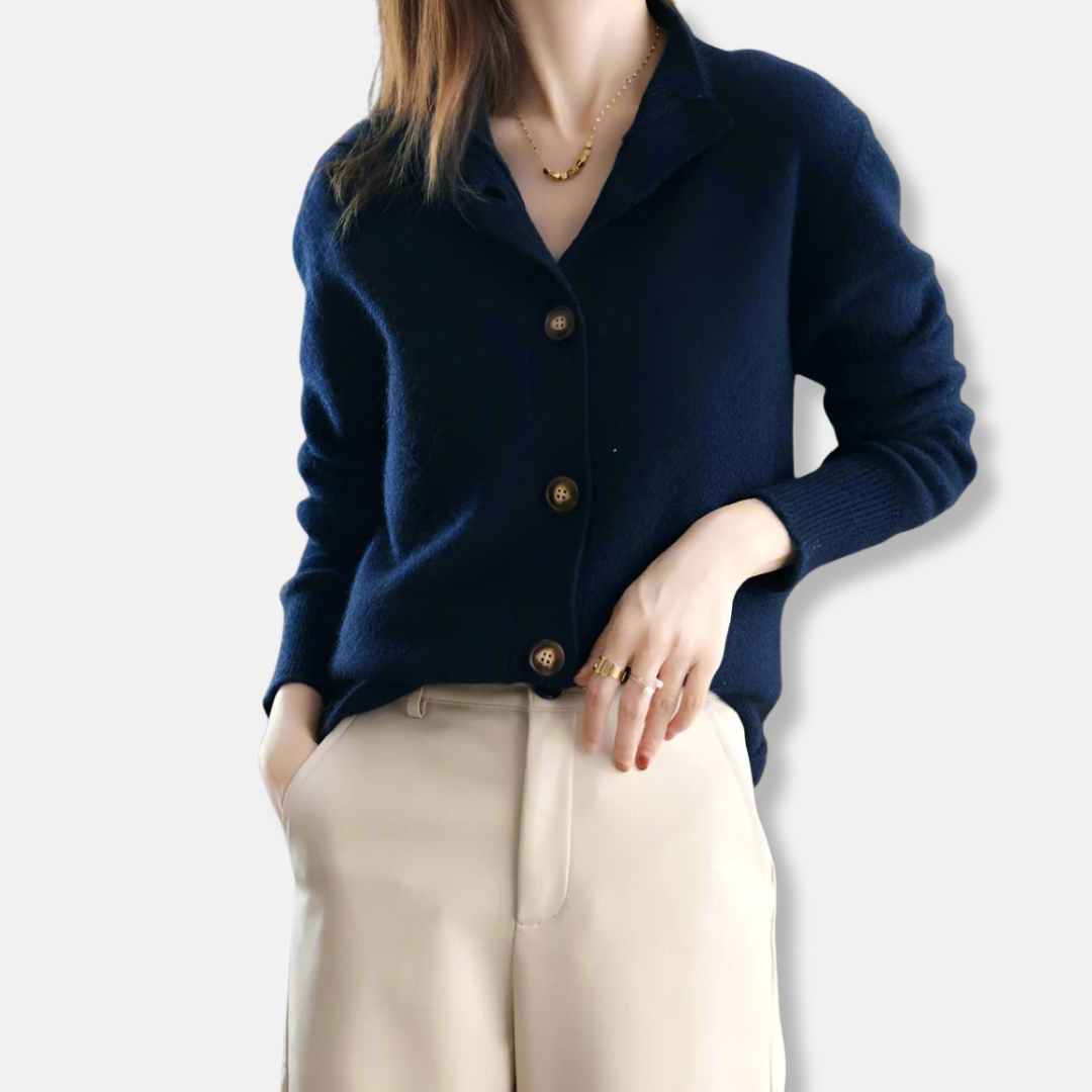 Women's relaxed-fit knit cardigan with mock collar and front button closure, versatile fall style