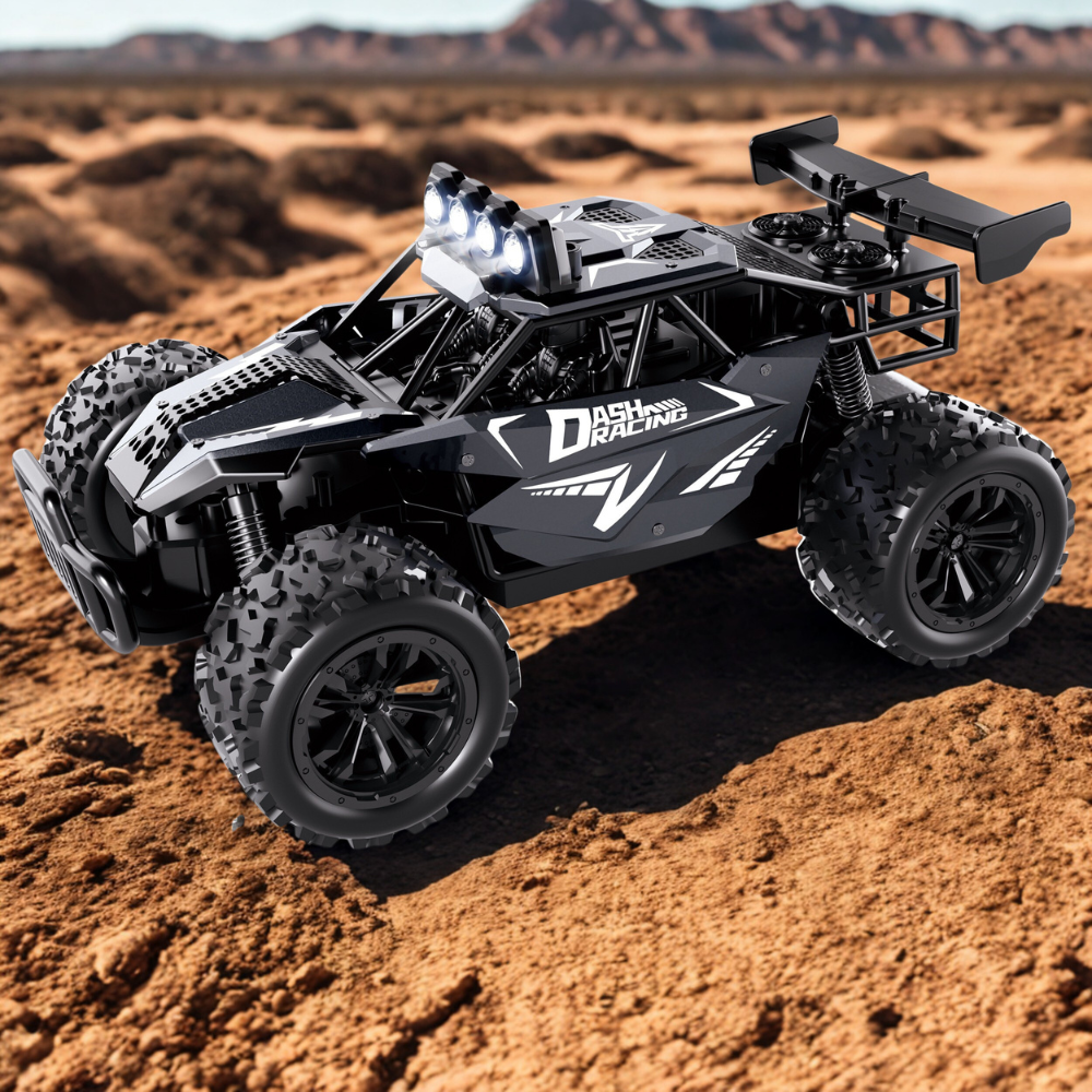 Black alloy RC car with LED headlights, high-speed 2.4GHz remote control for kids ages 3+