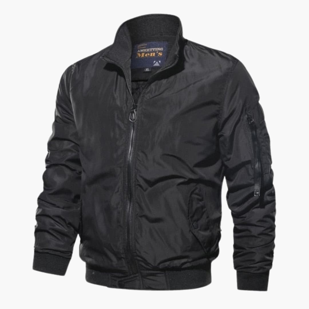 Men's black bomber jacket with stand-up collar, ribbed hem, and full-length zipper for everyday wear