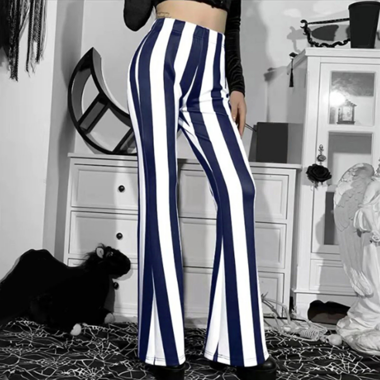 Women's high-waisted flared pants with vertical stripes, stretch cotton blend, leg-lengthening silhouette