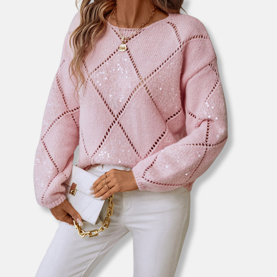 Women's relaxed-fit knitted sweatshirt with diamond openwork sequin detail, long sleeve chic style