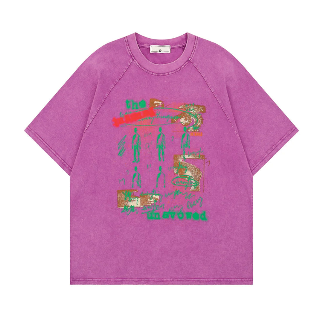 Faded relaxed-fit cotton tee with multicolor abstract expressionist graphics for streetwear styling