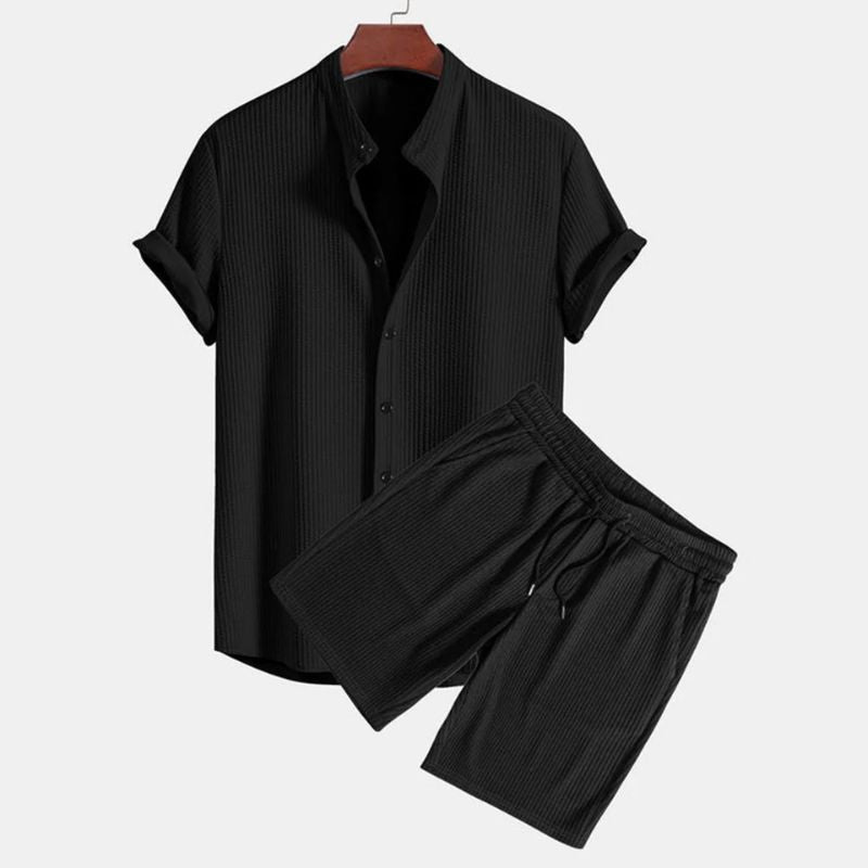 Men's two-piece polo set beige mandarin collar relaxed fit lightweight breathable fabric casual style