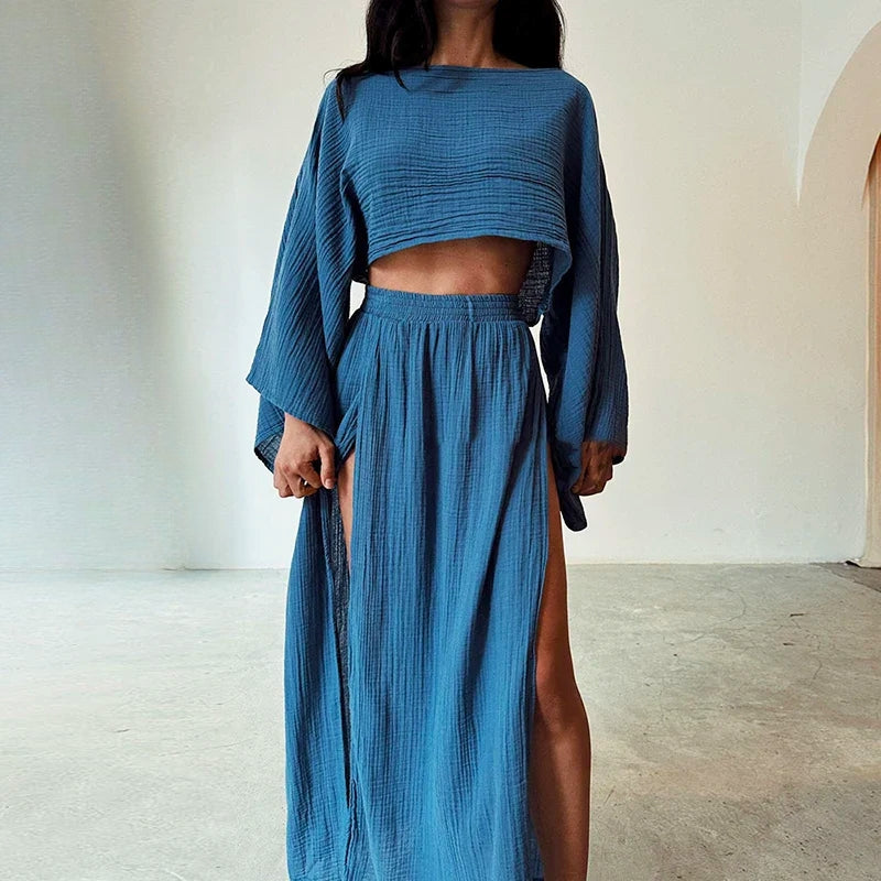 Women's linen crop top and slit skirt two-piece set in natural breathable cotton-linen blend relaxed summer fit