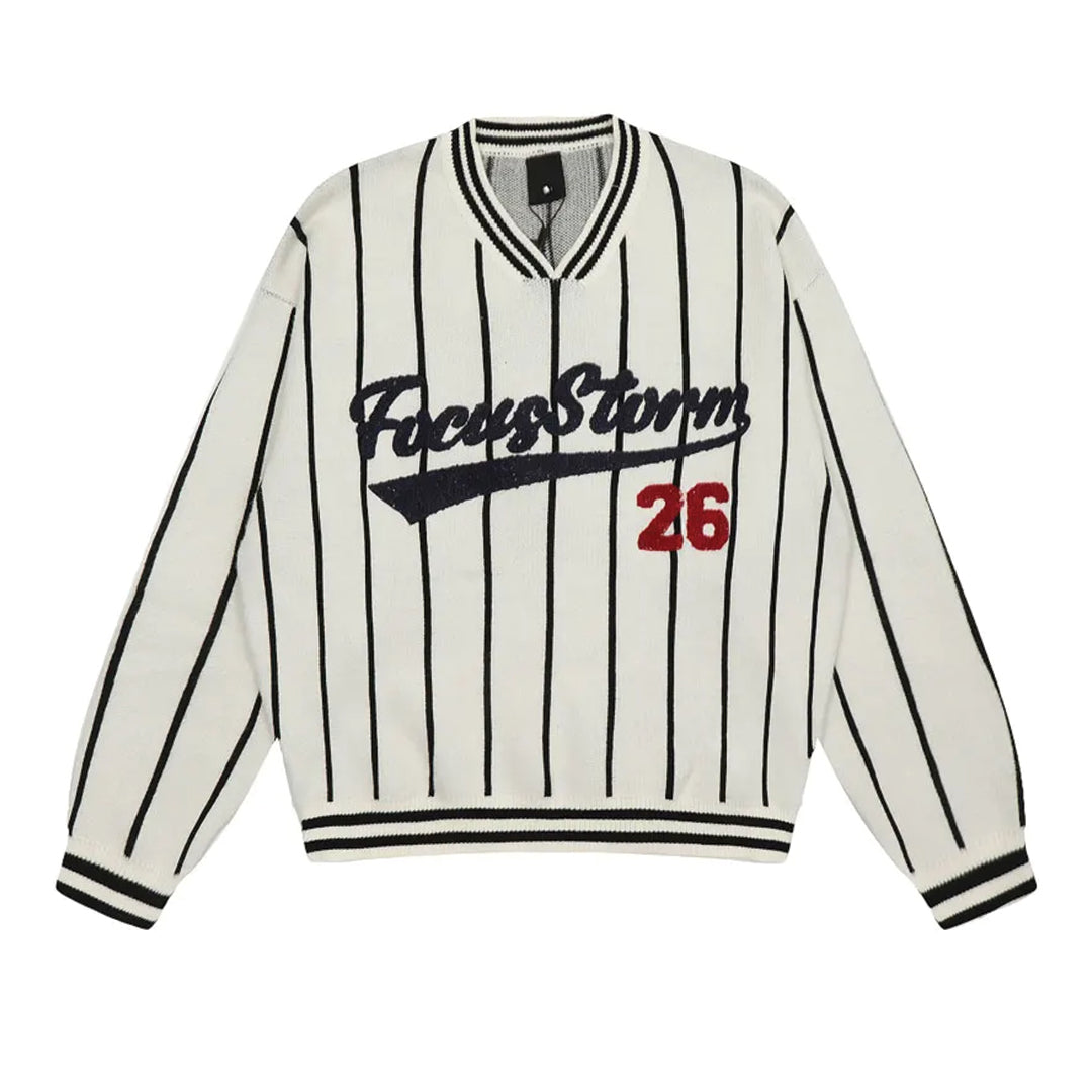 Navy white pinstriped varsity pullover shirt oversized fit with embroidered graphics unisex