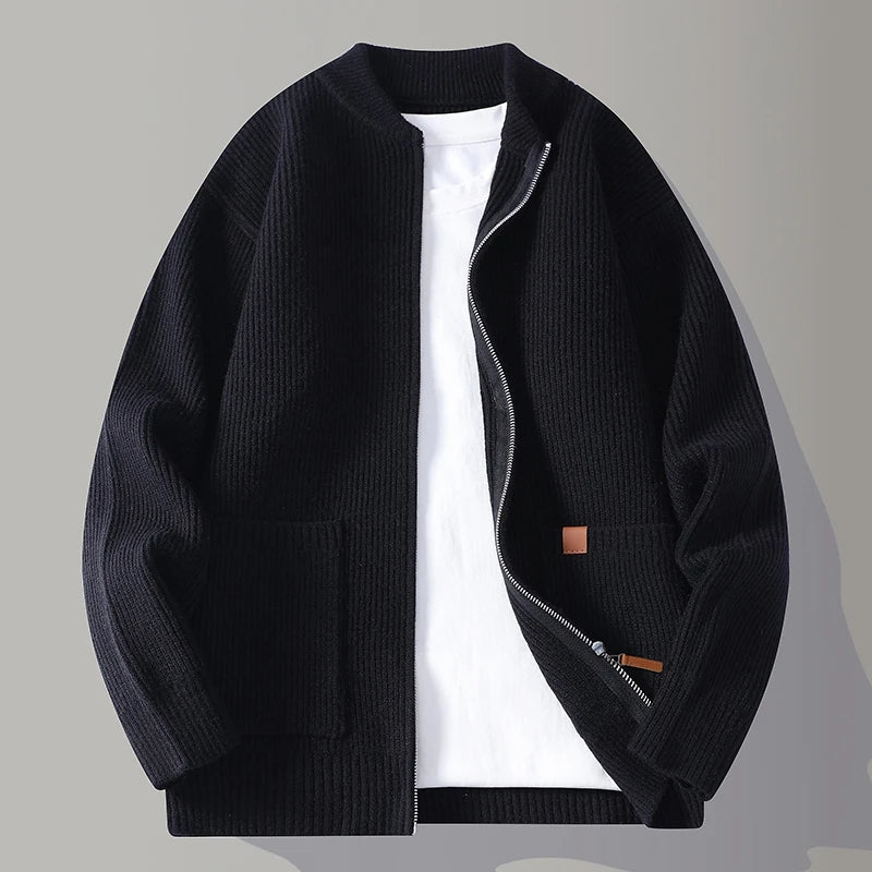 Midweight wool rib-knit zip cardigan with breathable warmth and structured drape for everyday layering