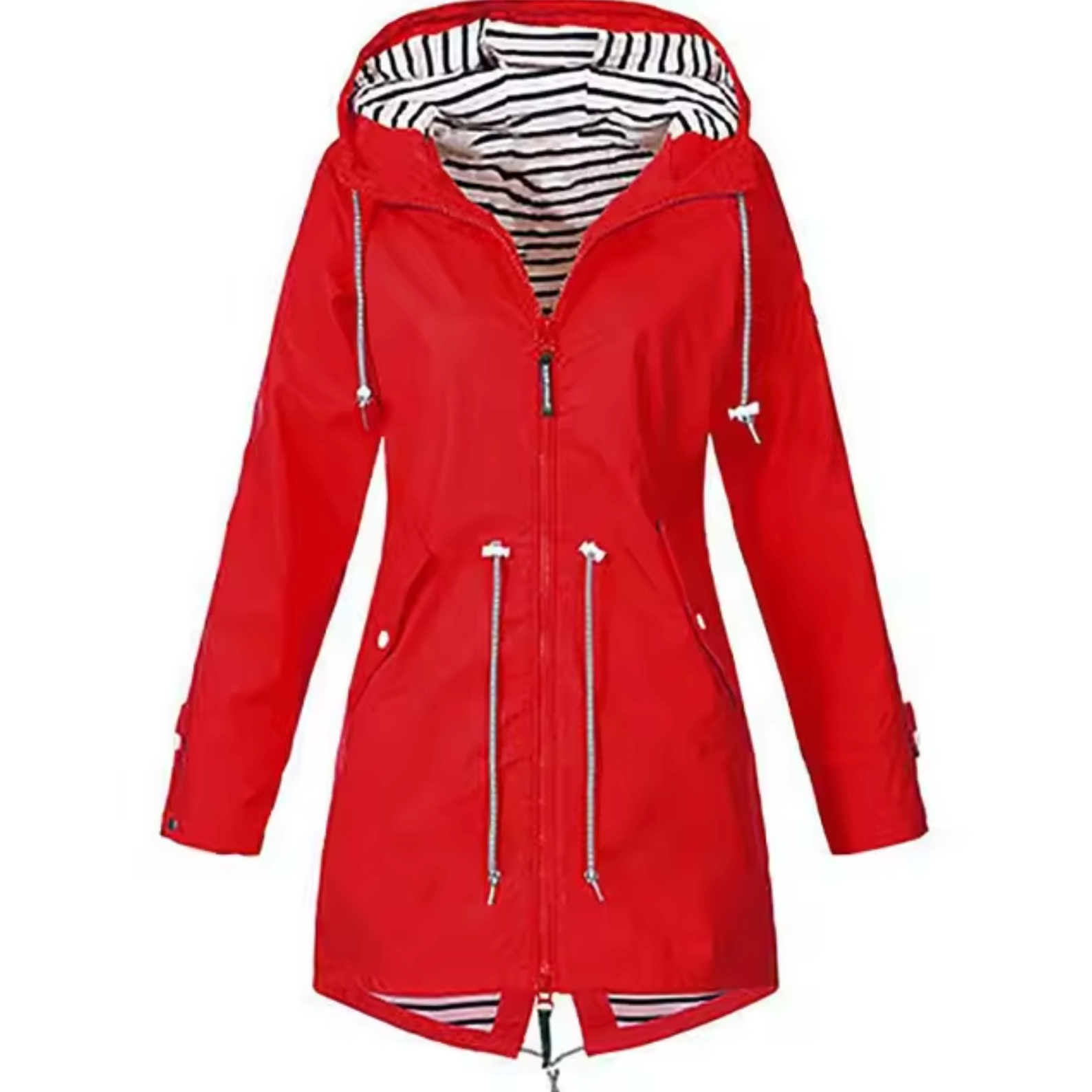 Women's elegant long waterproof raincoat with adjustable waist and lined hood for city wear