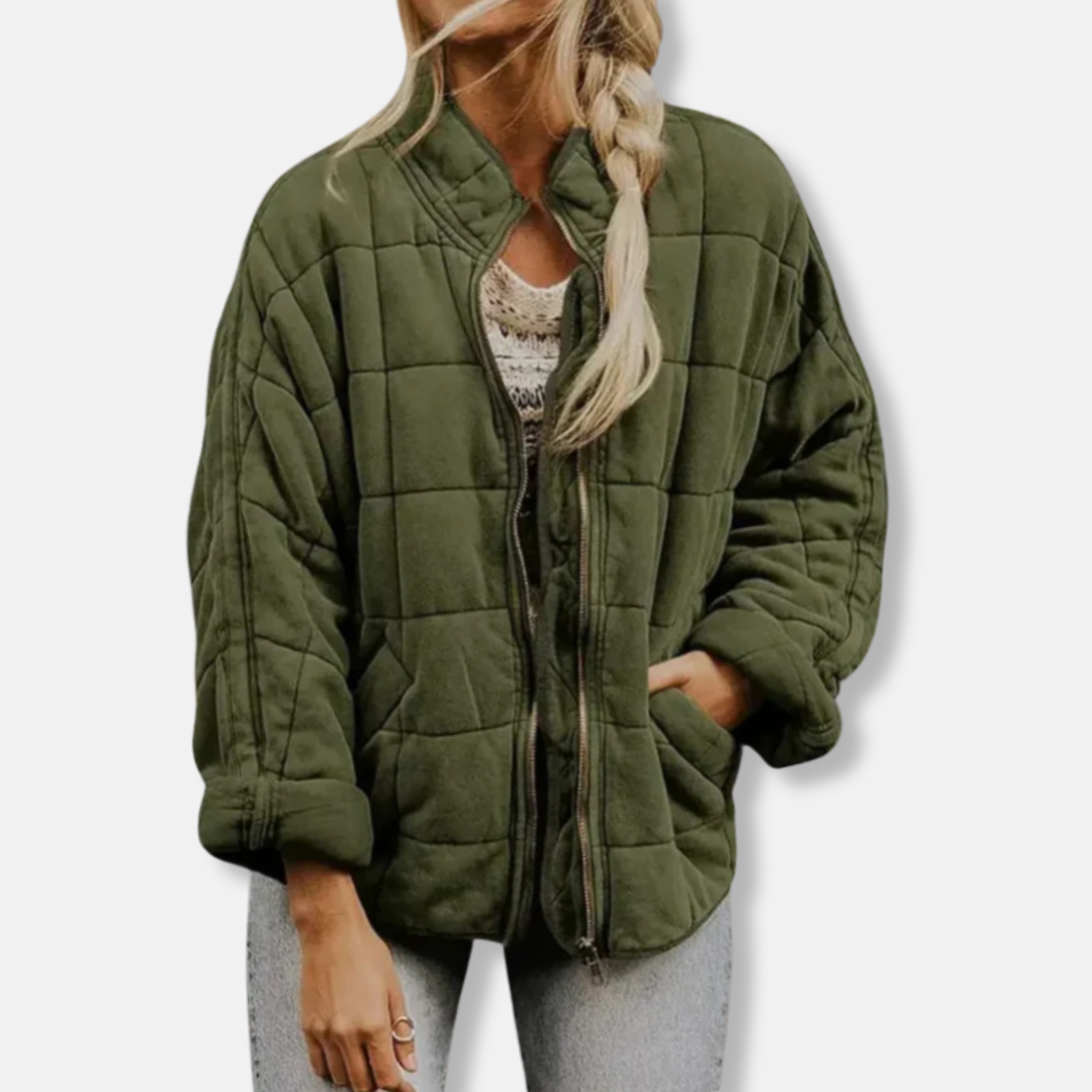 Women's oversized quilted coat relaxed fit stand collar full zip hip length warm winter jacket
