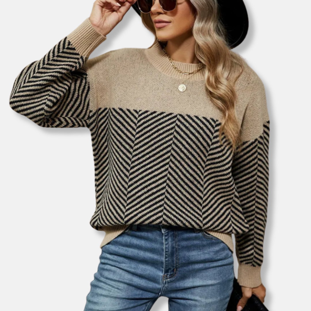 Women's relaxed fit chevron knit sweatshirt with ribbed crew neck and long sleeves