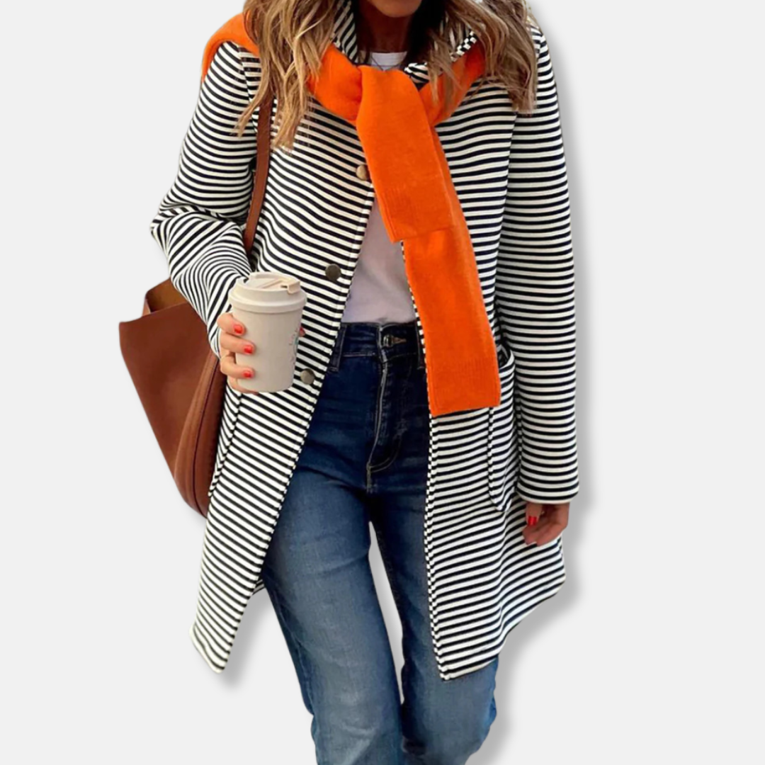 Women's relaxed-fit mid-thigh striped cotton blend trench coat with double-breasted front closure