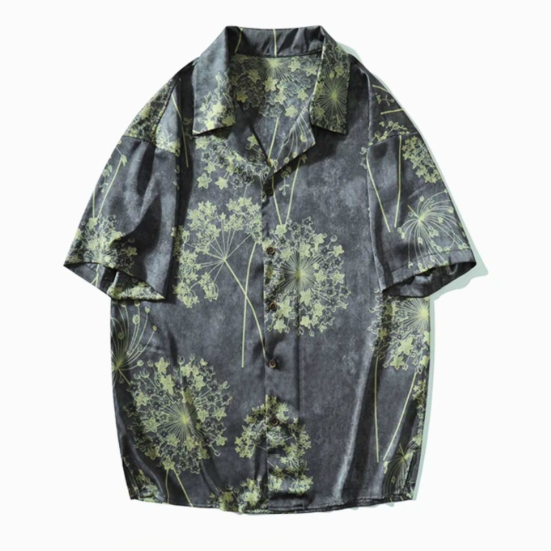 Men's rust-brown floral print shirt relaxed fit breathable satin finish short sleeve