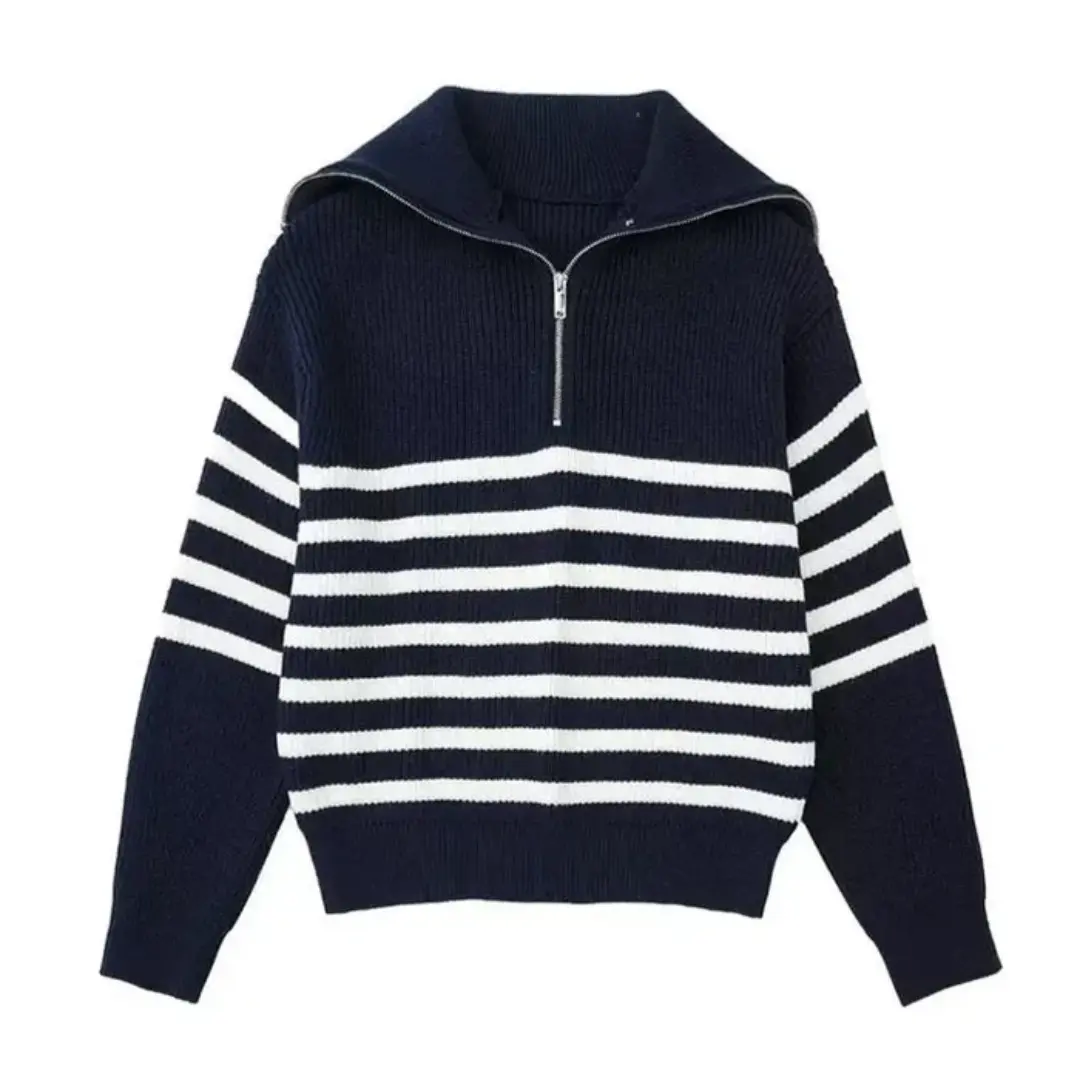 Unisex relaxed fit Nordic stripe zip-up sweater in nautical-inspired colors with zip collar