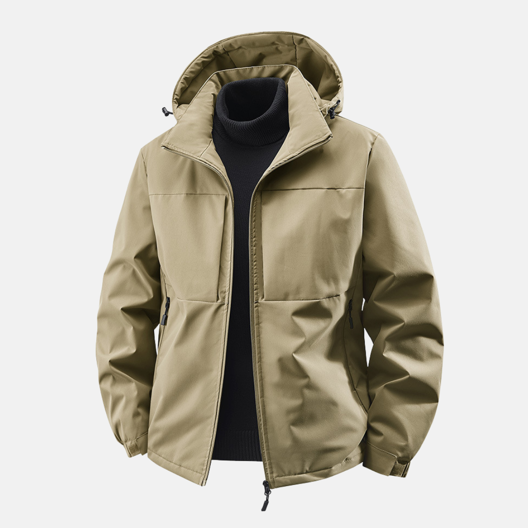 Men's navy blue relaxed fit hooded jacket with zip front pockets, water-resistant windproof shell