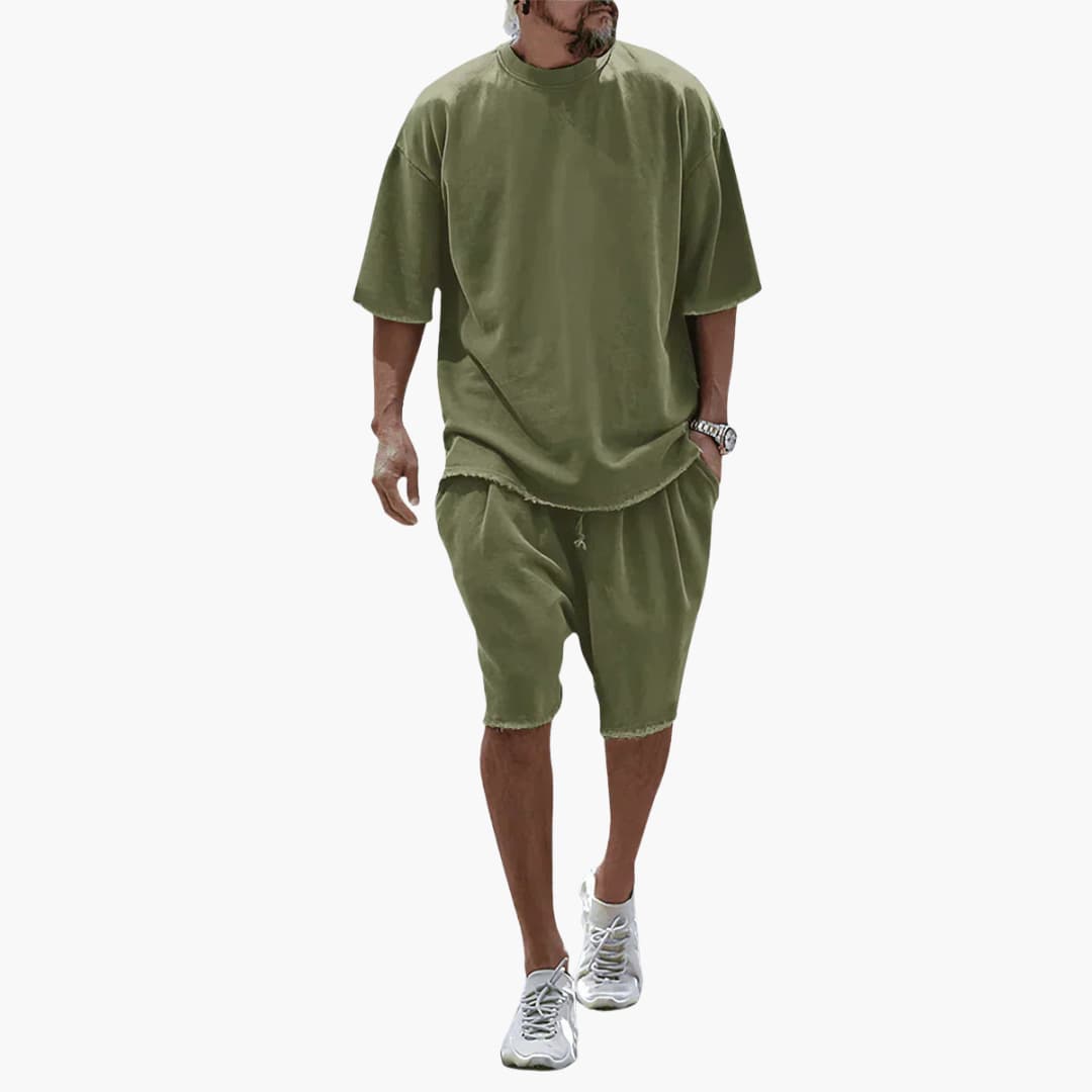 Men's navy blue oversized short-sleeve shirt and drawstring shorts two-piece leisure set