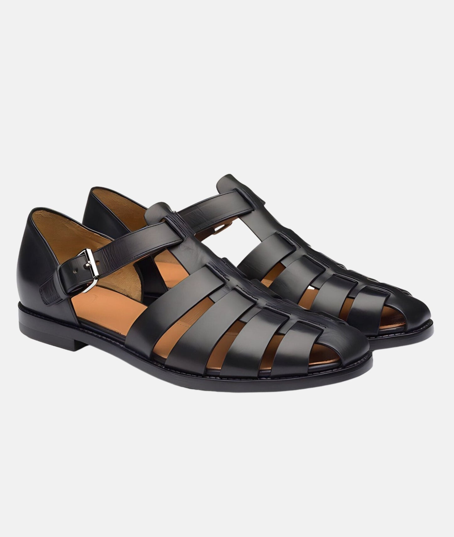 Men's brown leather closed-toe sandals with woven straps and side buckle for summer style