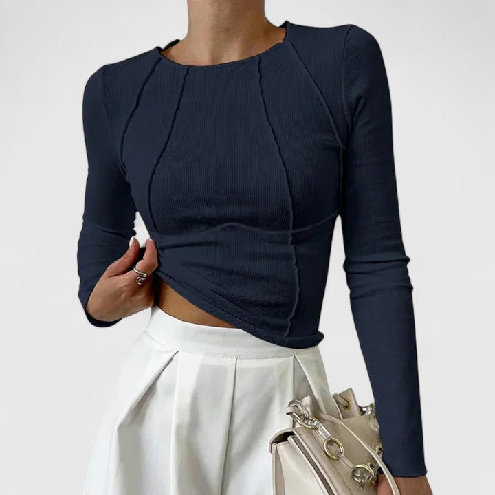 Madison women's slim fit long sleeve top in neutral tone, polished work-ready silhouette