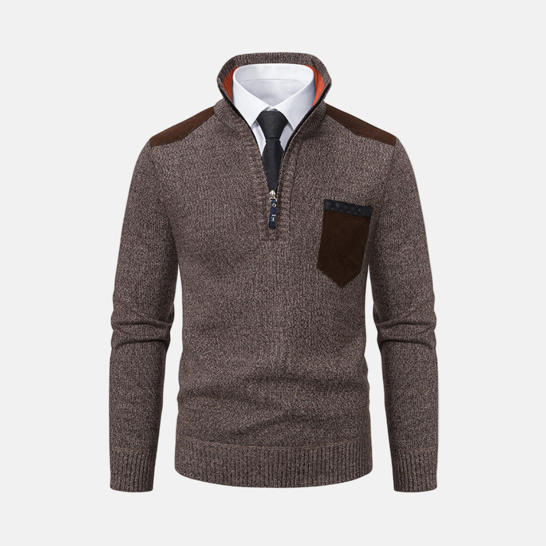 Men's knit blend quarter-zip pullover sweater with stand collar, smart casual style