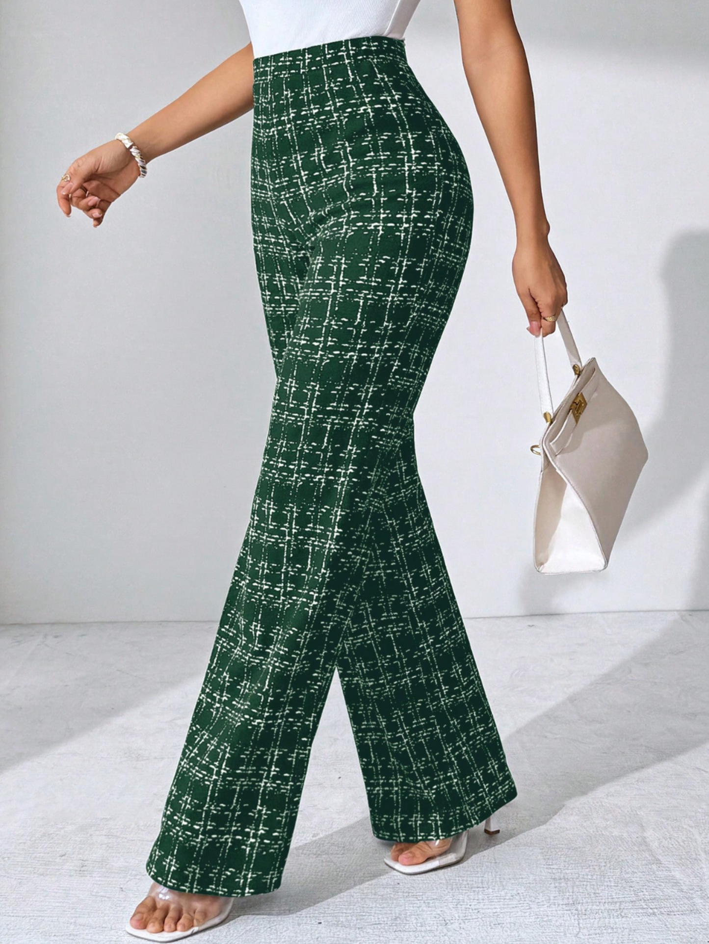 Women's tweed plaid flare pants high-waisted stretch knit sculpting silhouette for work