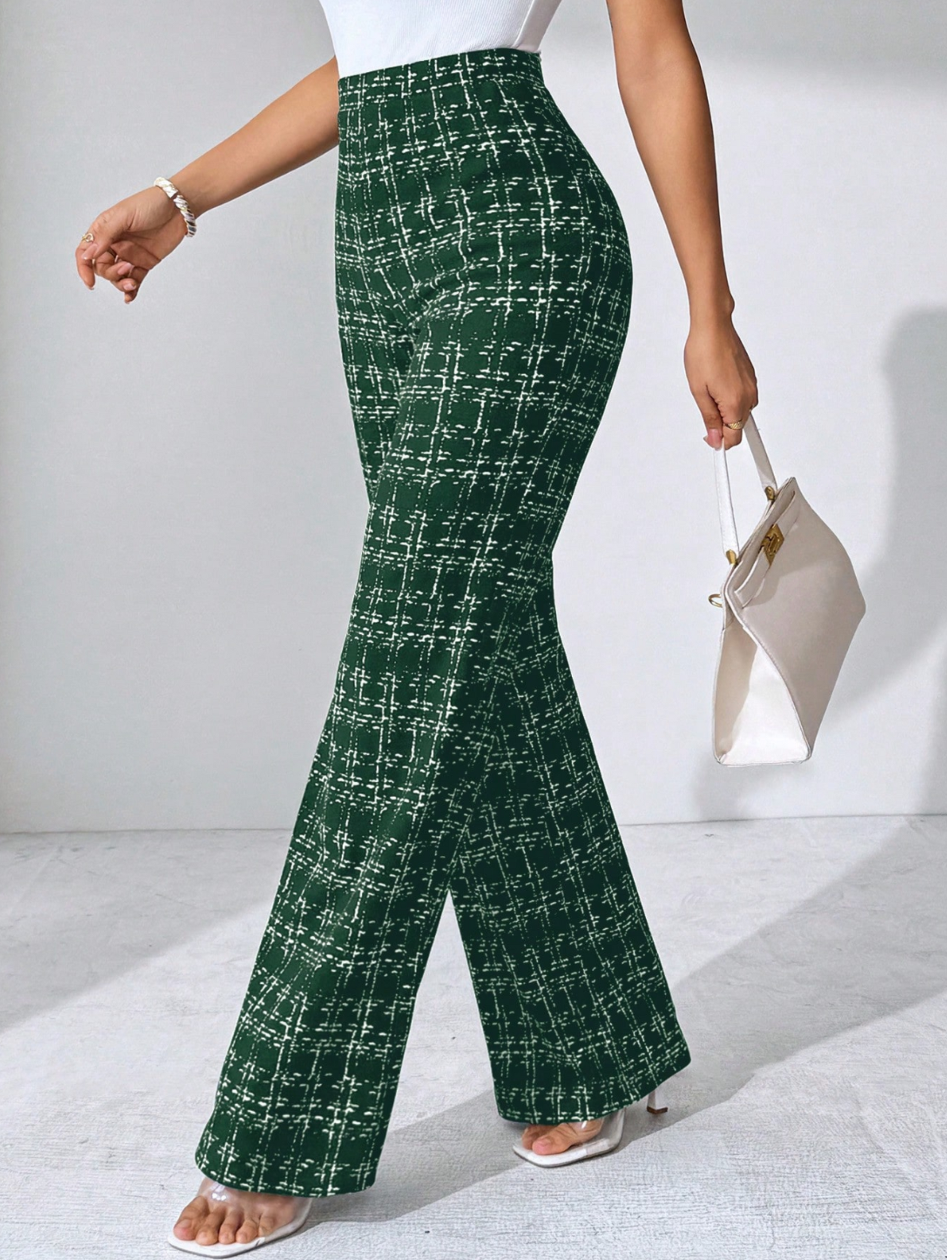 Women's tweed plaid flare pants high-waisted stretch knit sculpting silhouette for work