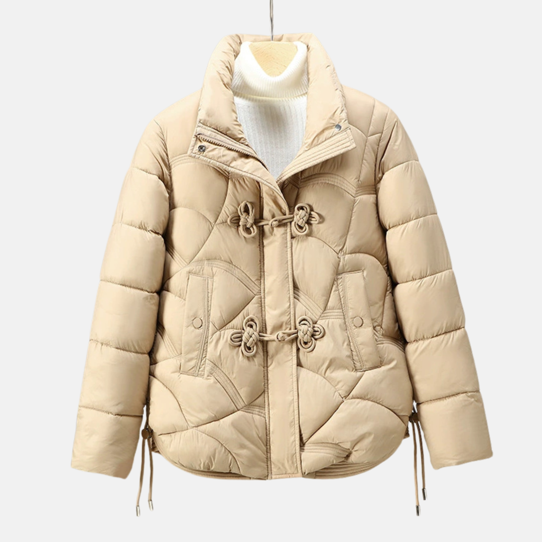 Women's black puffer jacket geometric quilted pattern frog button closure adjustable hem