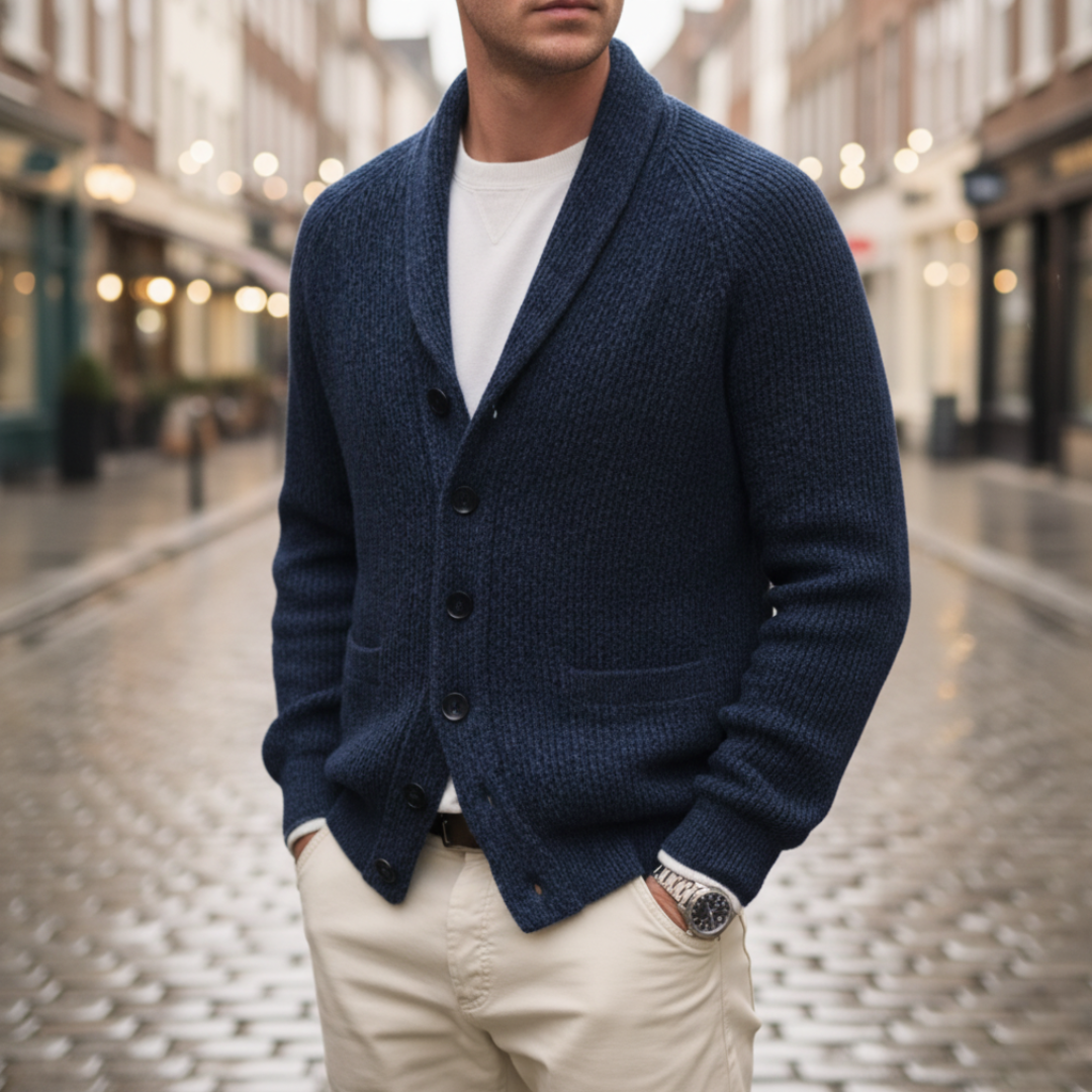 Men's thick knit cardigan shawl collar front button closure cozy warm casual winter sweater