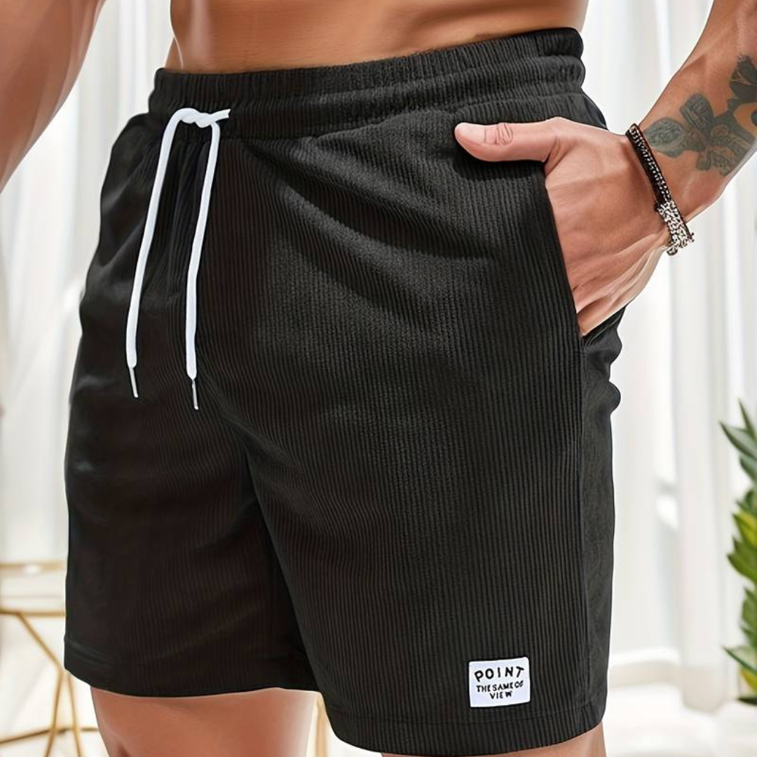 Men's beige corduroy drawstring shorts relaxed fit textured fabric casual beach everyday style