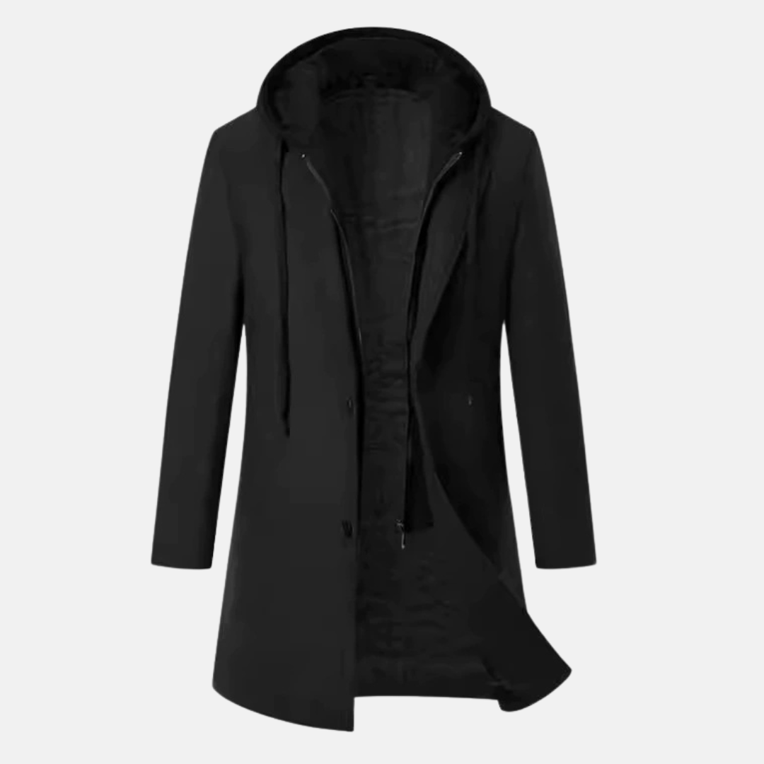 Men's charcoal wool blend overcoat tailored mid-length silhouette with quilted lining removable hood