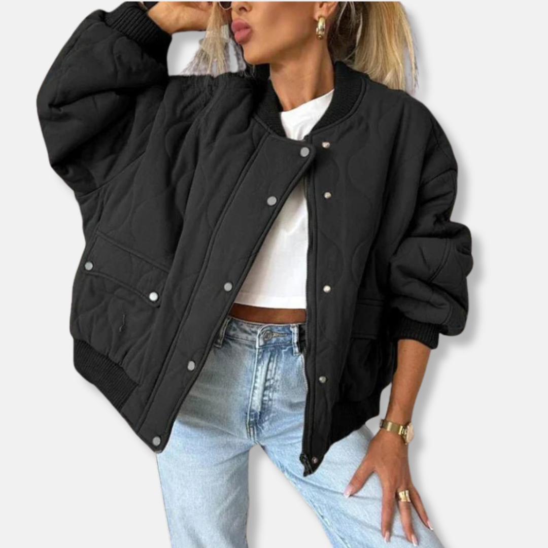 Women's oversized quilted bomber jacket lightweight design with snap button closure for layering
