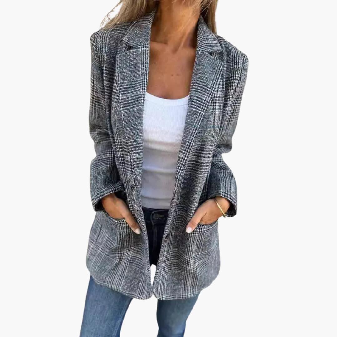 Women's slim fit checked blazer tailored silhouette elegant office wear with classic plaid pattern