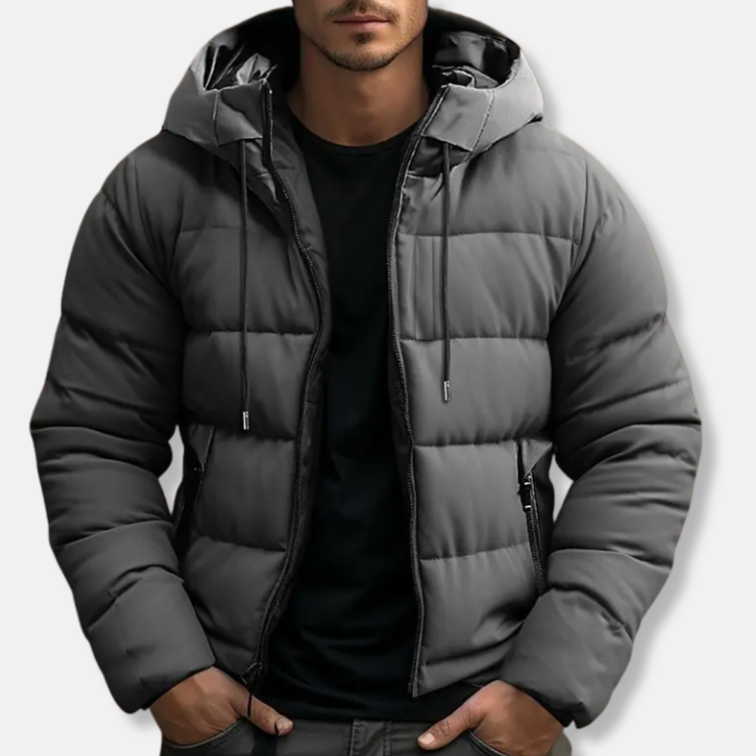 Men's black quilted puffer jacket regular fit with drawstring hood and zip closure